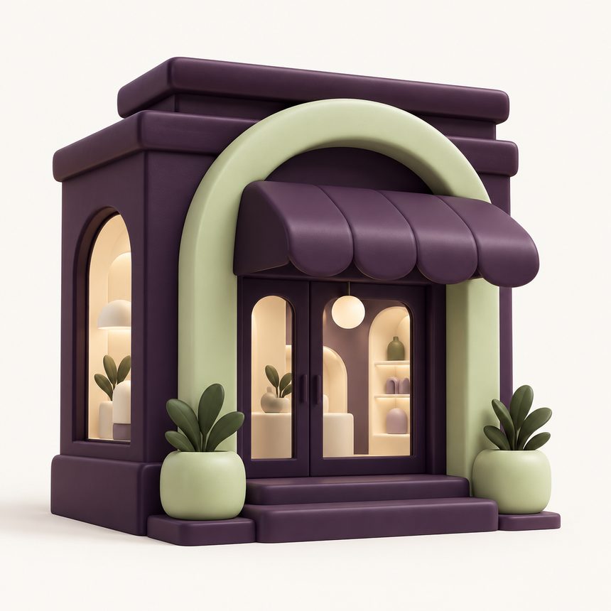 Sculpturale winkelpui in aubergine en pistache