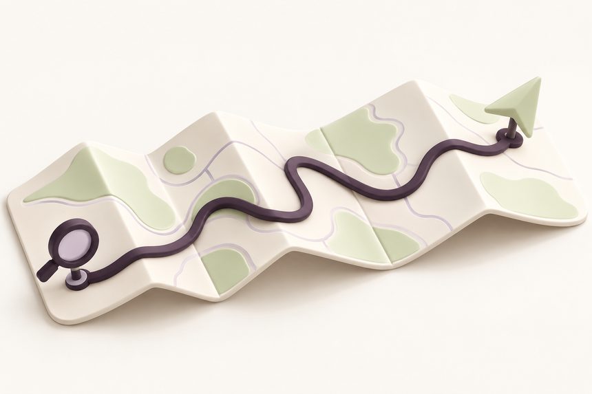 Gevouwen kaart met een aubergine route